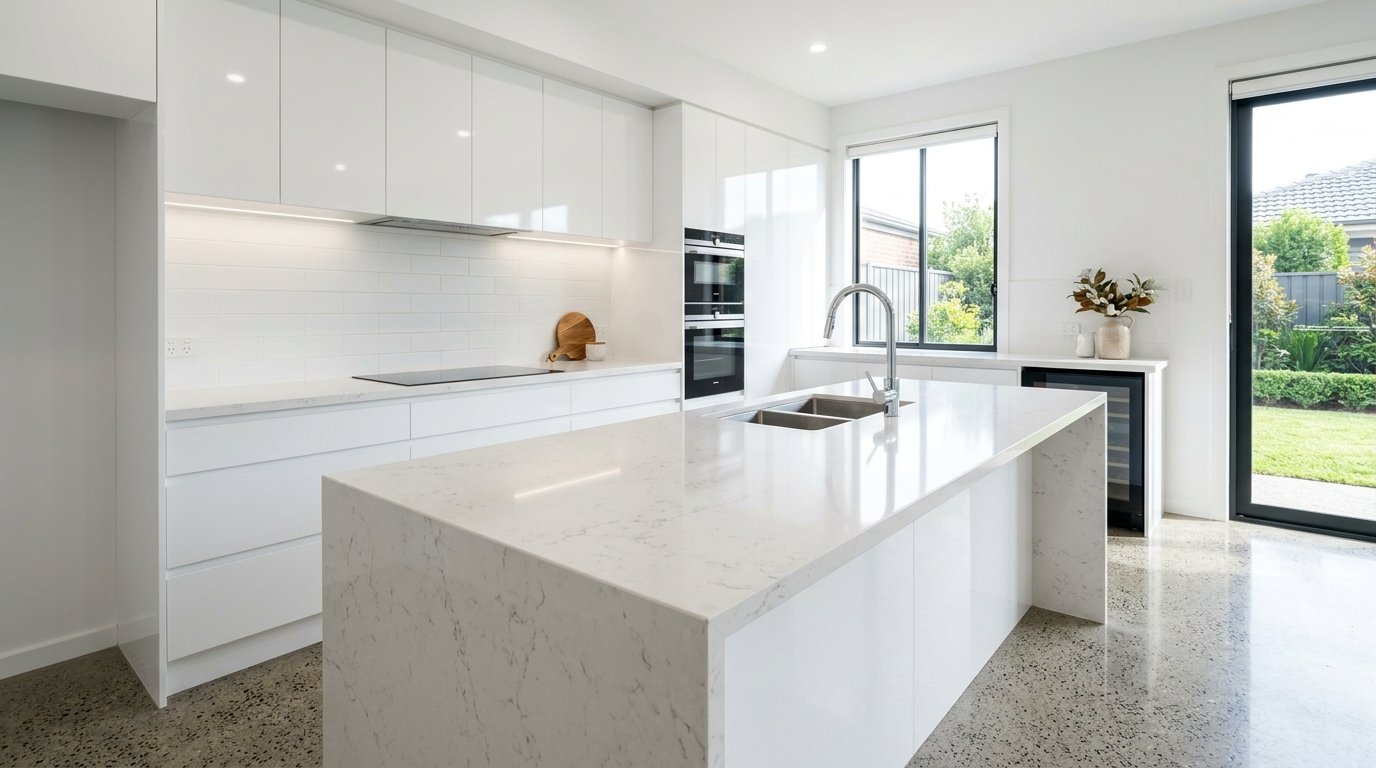 Pristine, sunlit Australian kitchen island benchtop with stone surfaces