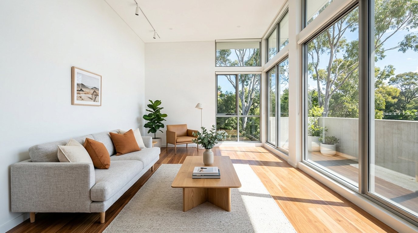 Clean sunlit living room with timber floors